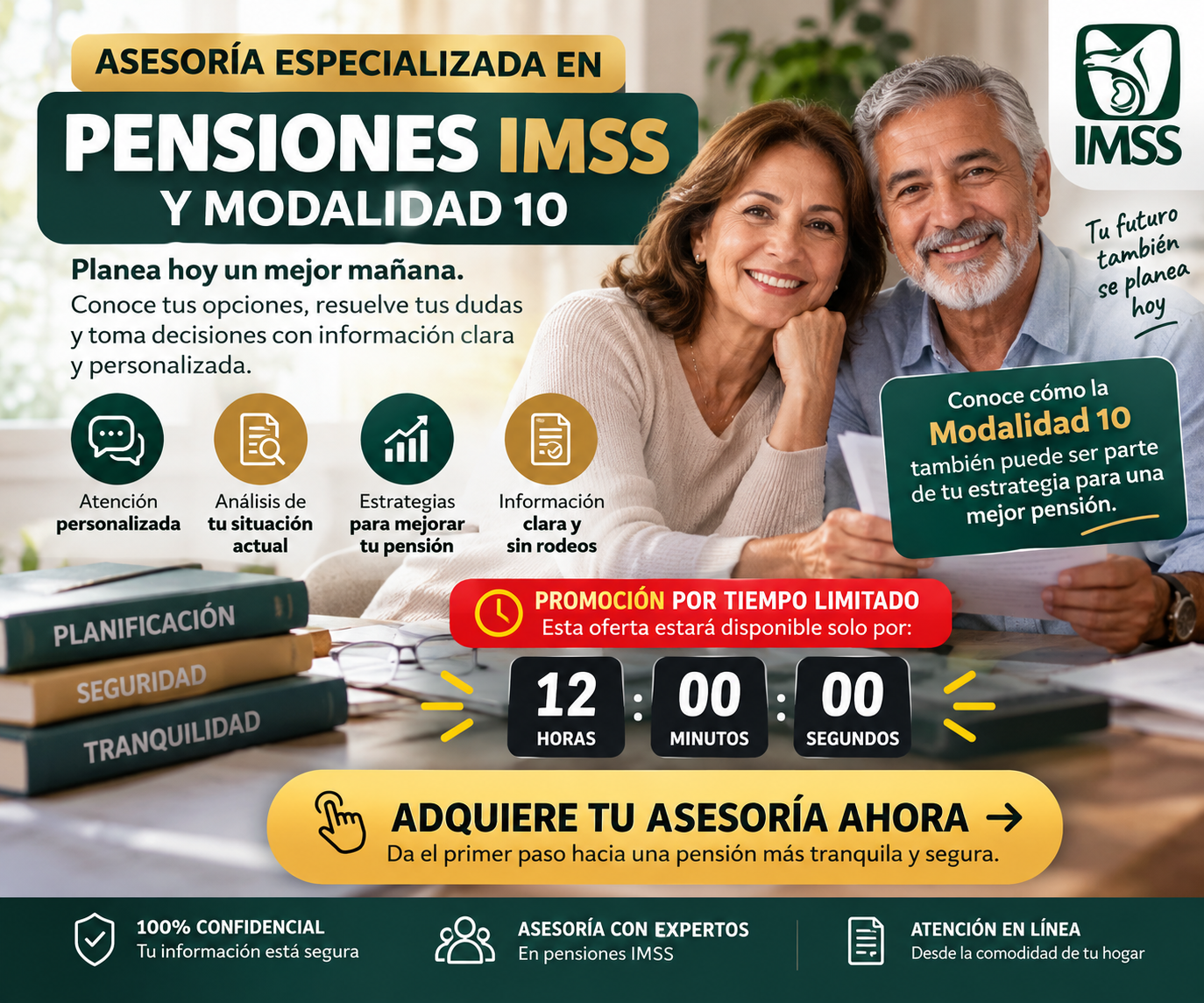 Anuncio ilustrativo de asesoría sobre pensiones del IMSS y Modalidad 10